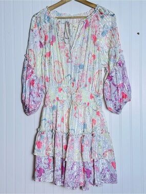 Lena multicolor floral smocked mini dress  M V-neck Stretchy